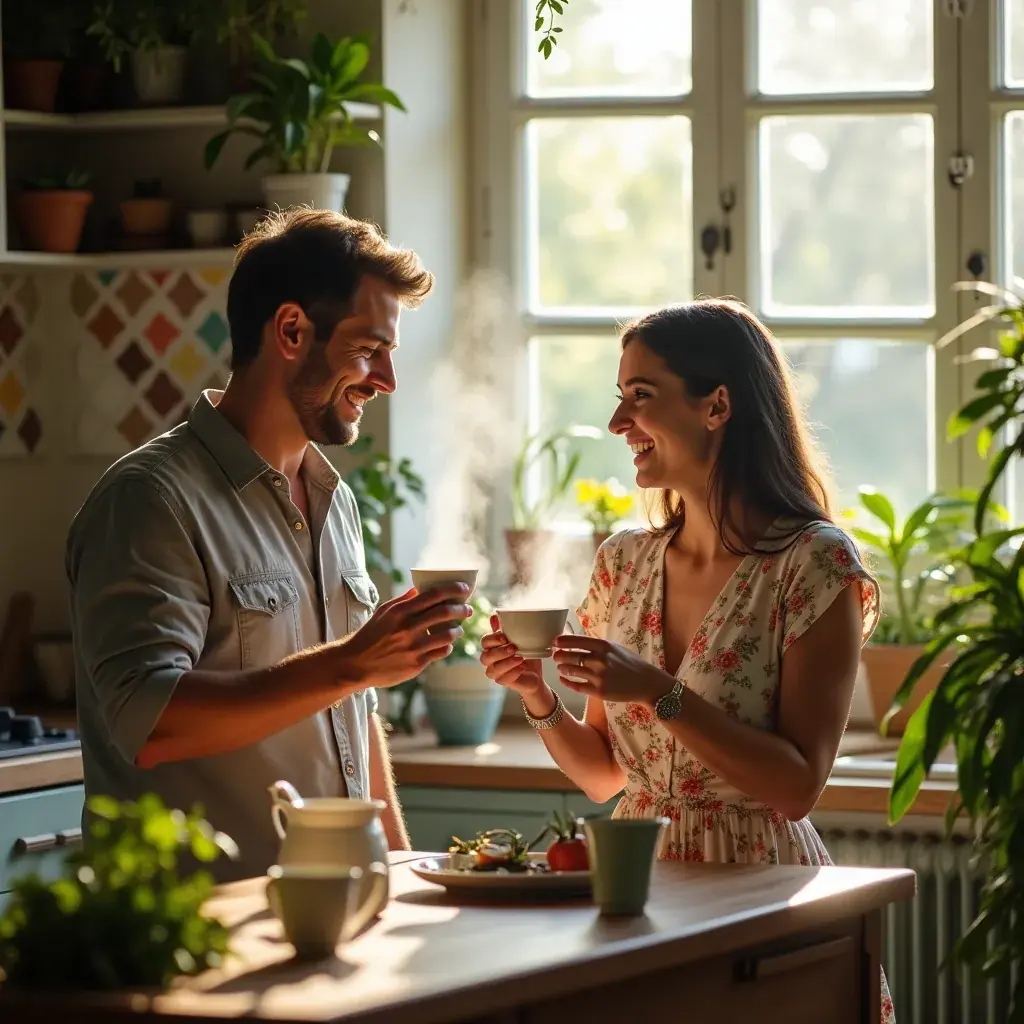 Egy boldog pár, akik együtt fogyasztják a szívbarát teát, a közös egészségért.